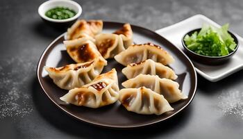 AI generated Taiwanese and Japanese Pan-fried gyoza dumpling jiaozi food in a plate with soy sauce on gray table background. photo