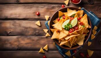 AI generated Nachos corn chips in a plate on a wooden table. Mexican food concept. Top view. photo