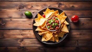 AI generated Nachos corn chips in a plate on a wooden table. Mexican food concept. Top view. photo