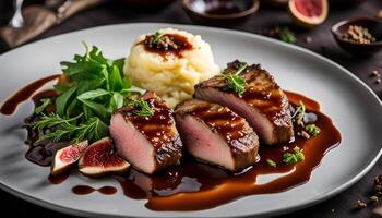 AI generated Glazed duck fillet  mashed potatoes seasoned with truffle oil  fig and aniseed sauce photo