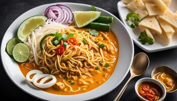 ai generado curry laksa ,picante arroz fideos sopa desde el cultura en Malasia. foto