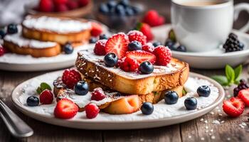 ai generado francés brindis con ricotta y bayas, delicioso desayuno. foto