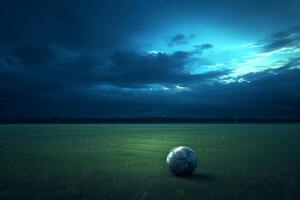 ai generado de cerca de antiguo fútbol pelota en el estadio en el noche luz, generativo ai foto