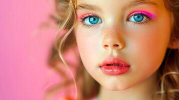 ai generado de cerca, bonito cara de un hermosa niño niña con multi colores vívido maquillaje en mínimo fondo, generativo ai foto