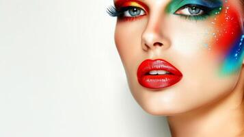 ai generado de cerca, bonito cara de un hermosa mujer con multi colores vívido maquillaje en mínimo fondo, generativo ai foto