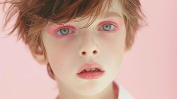 AI generated Close-up, Pretty face of a beautiful child boy with multi colors vivid makeup on minimal background, Generative AI photo