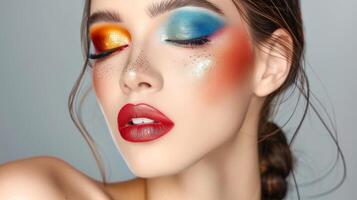 ai generado de cerca, bonito cara de un hermosa mujer con multi colores vívido maquillaje en mínimo fondo, generativo ai foto