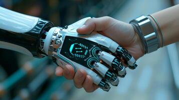 AI generated Robot handshake with human, future business partnership concept, Generative AI photo