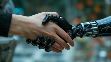 AI generated Robot handshake with human, future business partnership concept, Generative AI photo