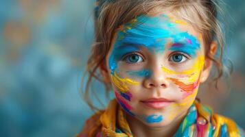 ai generado de cerca, bonito cara de un hermosa niño niña con multi colores vívido maquillaje en mínimo fondo, generativo ai foto