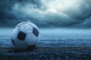 ai generado de cerca de antiguo fútbol pelota en el estadio en el noche luz, generativo ai foto