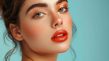 AI generated Close-up, Pretty face of a beautiful woman with multi colors vivid makeup on minimal background, Generative AI photo