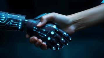 ai generado robot apretón de manos con humano, futuro negocio camaradería concepto, generativo ai foto