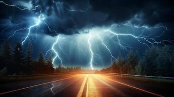 AI generated Thunderstorm shown rising over empty roadway, Generative AI photo