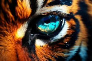 ai generado de cerca de un Tigre ojo curioso directamente adelante, generativo ai foto