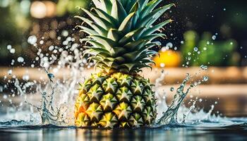 AI generated Water splashing on fresh pineapple photo