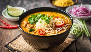 AI generated Curry Laksa ,spicy rice noodle soup from the culture in Malaysia. photo