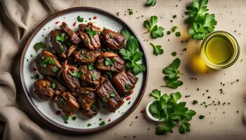 AI generated Lebanese style pan-fried chicken livers with garlic, olive oil, parsley, chili, dried mint and lemon juice. On a plate lies on linen fabric background. Horizontal top view. Close-up. photo