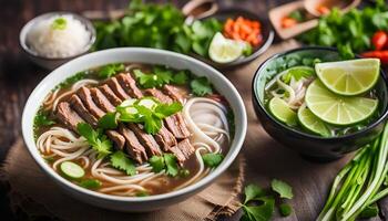 ai generado vietnamita carne de vaca fideos sopa, pho bo foto