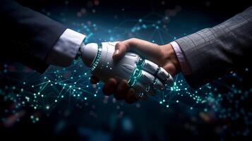 AI generated Robot handshake with human, future business partnership concept, Generative AI photo