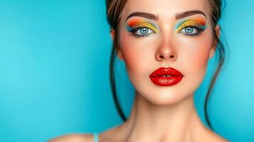 ai generado de cerca, bonito cara de un hermosa mujer con multi colores vívido maquillaje en mínimo fondo, generativo ai foto