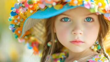 ai generado de cerca, bonito cara de un hermosa niño niña con multi colores vívido maquillaje en mínimo fondo, generativo ai foto