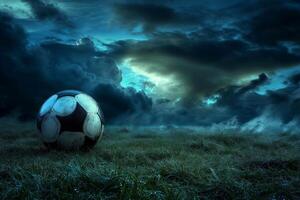 ai generado de cerca de antiguo fútbol pelota en el estadio en el noche luz, generativo ai foto