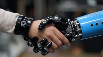 AI generated Robot handshake with human, future business partnership concept, Generative AI photo