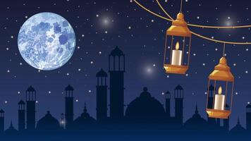 Ramadan kareem fête scène avec lanternes pendaison sur le ville video