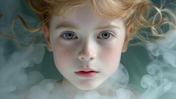 AI generated Ethereal child with red hair and blue eyes surrounded by mist photo