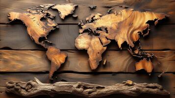 AI generated Artistic wooden world map on rustic plank background concept photo