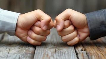 AI generated Two people making a fist bump gesture over a rustic wooden table photo