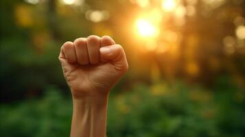 AI generated Raised fist symbolizing strength and power at sunset in nature photo