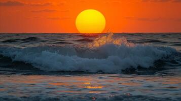 ai generado sereno puesta de sol terminado Oceano olas con vibrante naranja cielo foto