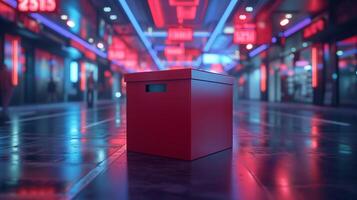 AI generated Mysterious red box in a futuristic neon-lit corridor photo