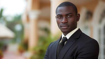 AI generated Confident young businessman in suit posing outdoors photo