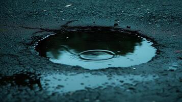 AI generated Raindrop falling into a puddle on asphalt road photo