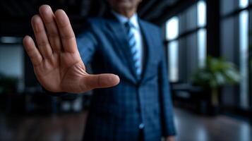 ai generado profesional empresario en traje gesticulando detener con abierto mano en oficina ajuste foto