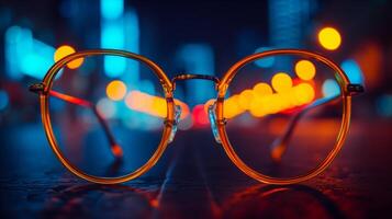 AI generated Vintage eyeglasses on a city street at night with vibrant bokeh lights photo