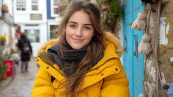 AI generated Smiling Woman in Yellow Jacket on Urban Street photo