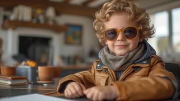 ai generado elegante pequeño chico con Gafas de sol y cuero chaqueta adentro foto