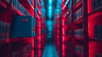 AI generated Red-Hued Library Aisle With Books at Dusk photo