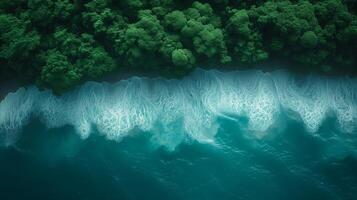 AI generated Aerial View of Crashing Waves on a Lush Green Coastline photo