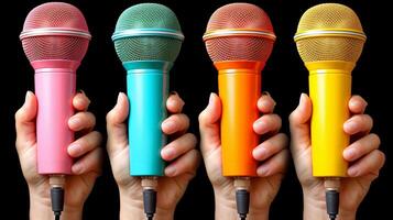 AI generated Colorful Microphones Held in Hands Against Black Background photo