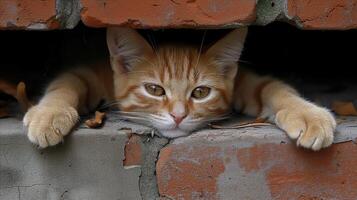 AI generated Ginger Cat Peeking Through a Hole in a Brick Wall photo