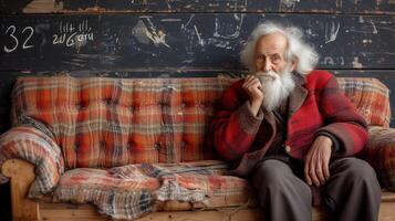 AI generated Elderly Man Sitting on Plaid Couch Deep in Thought photo