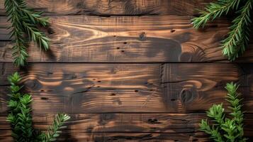 AI generated Rustic wooden background with fresh green leaves on edges photo