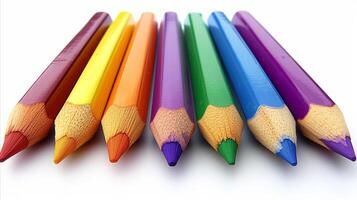 AI generated Array of sharp colored pencils lined up on white background photo