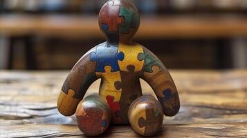 AI generated Wooden puzzle figure sitting on a table conceptualizing complexity and problem solving photo