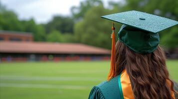 ai generado graduación ceremonia en un lluvioso día foto